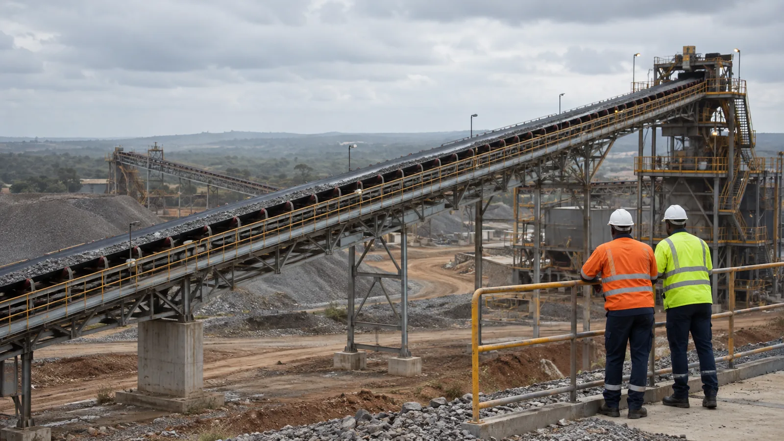 Two Black professionals seen from behind observing industrial conveyors