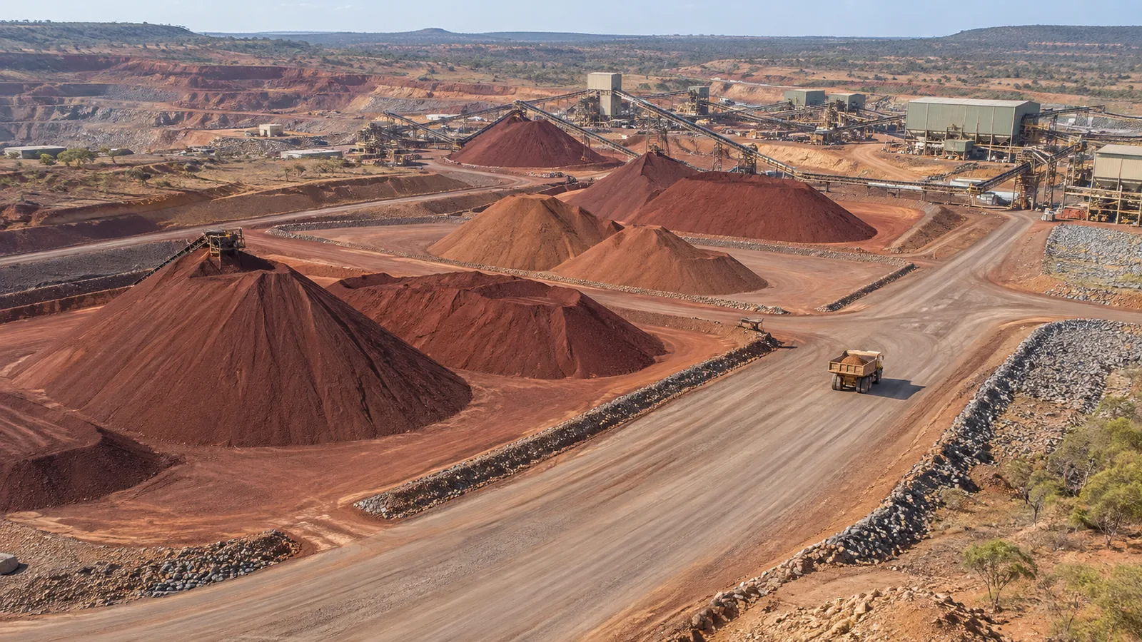 Aerial view of mineral stockpiles and mine roads