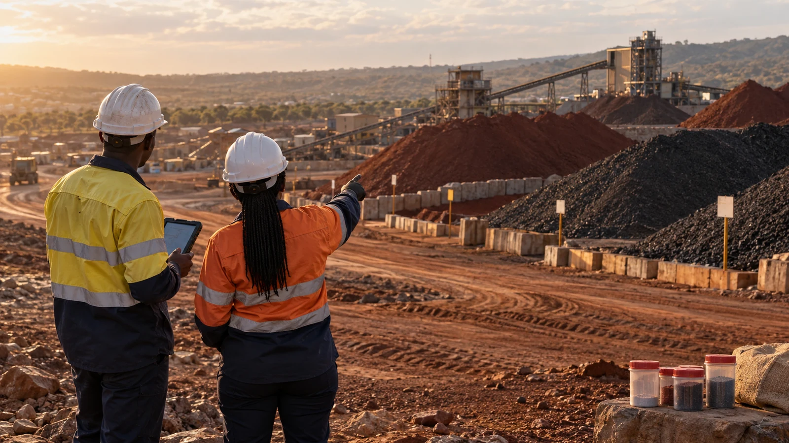 Black mining professionals seen from behind inspecting mineral stockpiles
