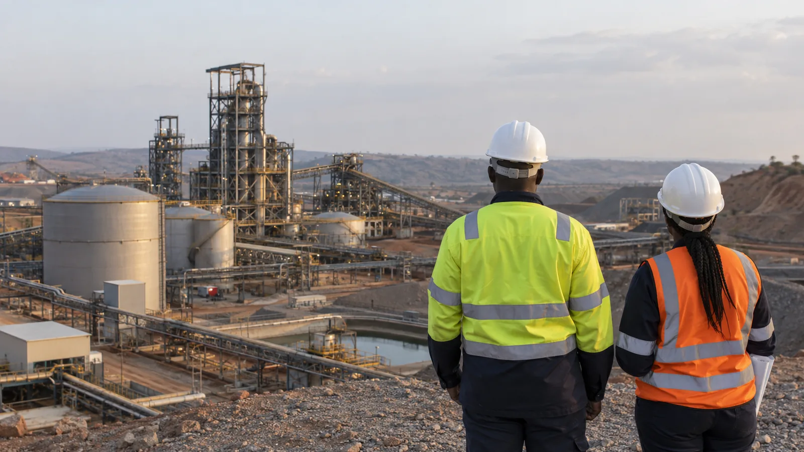 Two Black professionals seen from behind at an industrial site