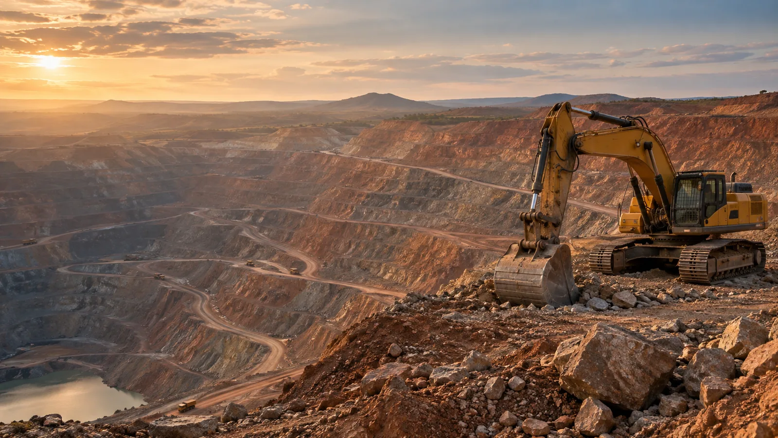 Excavator beside the terraces of an open-pit copper mine