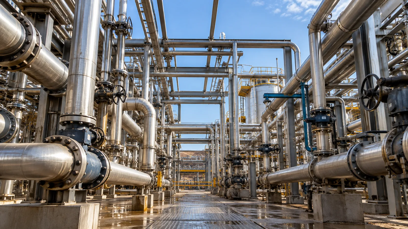 Steel pipework at an industrial processing facility