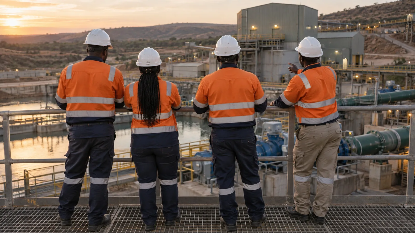 Black site crew seen from behind inspecting infrastructure