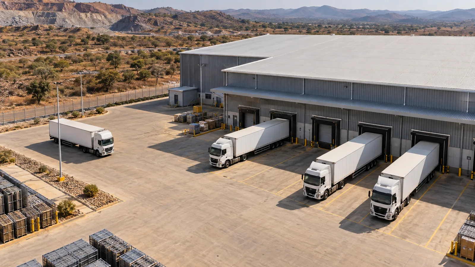 Overhead view of freight trucks and a warehouse yard