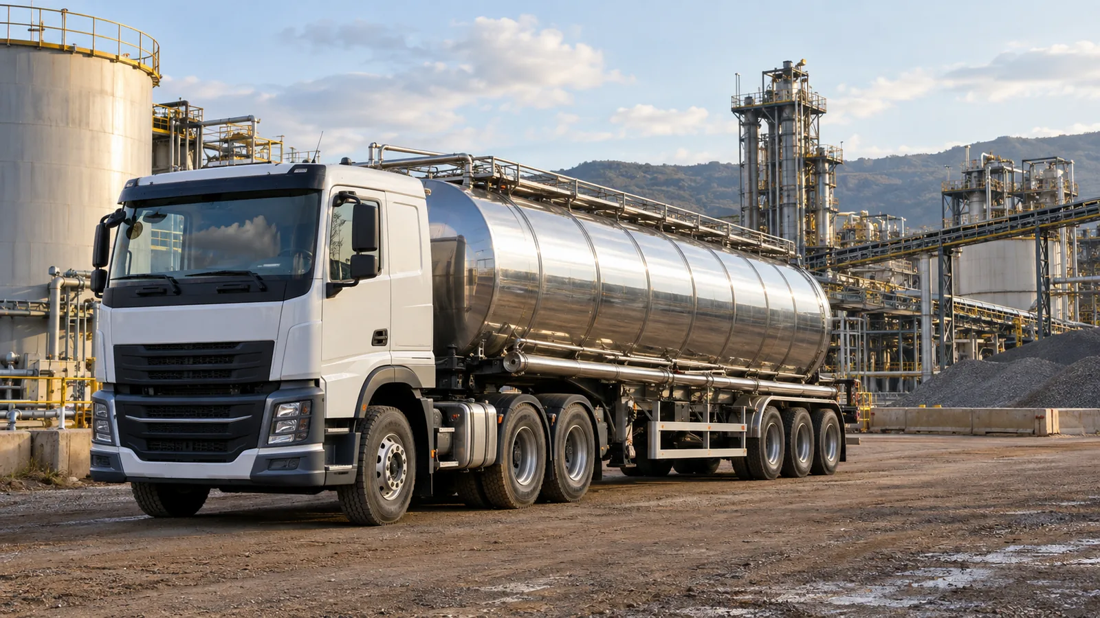 Industrial tanker beside a processing plant