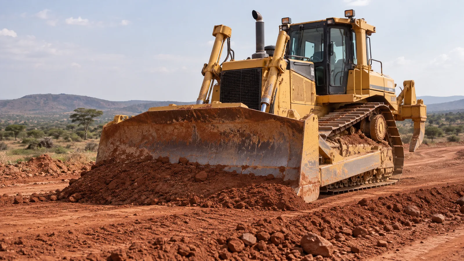 Bulldozer grading a mine access road