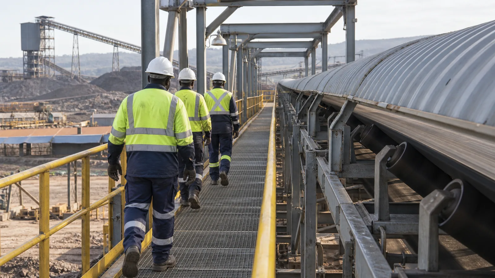 Black workers seen from behind inspecting a conveyor