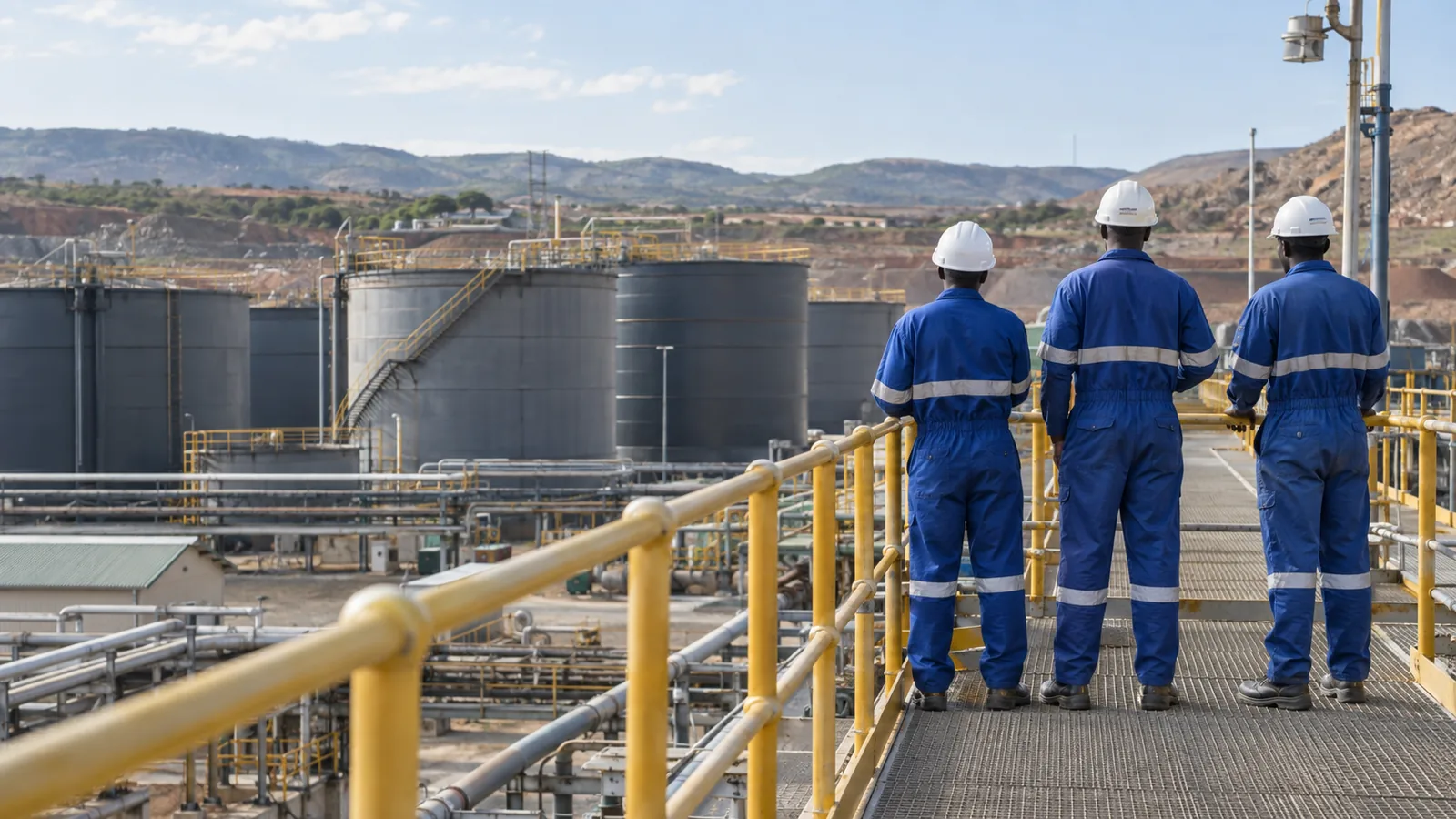 Three Black crew members seen from behind on an industrial walkway