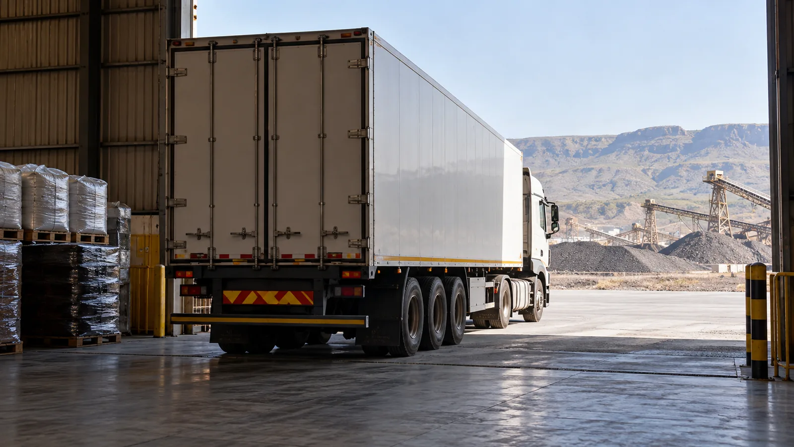 Freight truck at a warehouse loading ramp