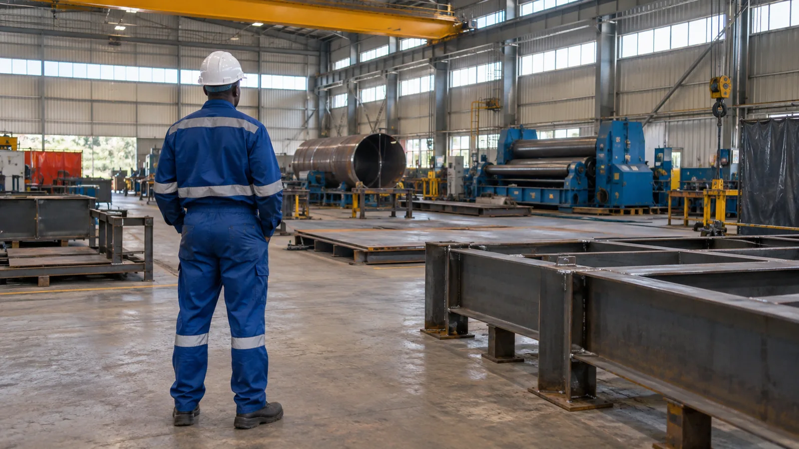 Ingénieur noir vu de dos dans un atelier industriel