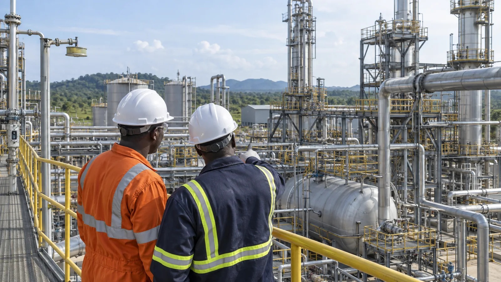 Deux professionnels noirs vus de dos devant une installation industrielle