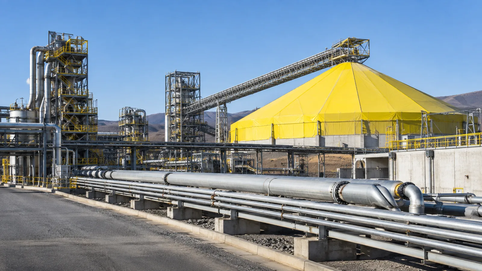 Tuyauteries industrielles et zone de stockage de soufres granulés