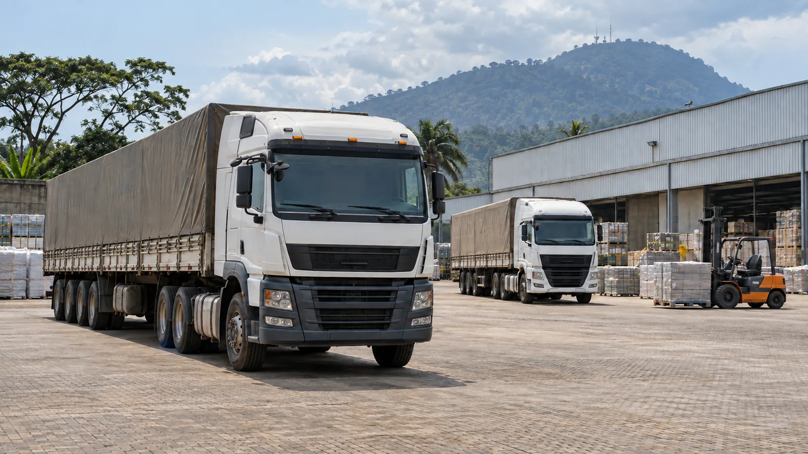 Camions de marchandises dans une cour logistique