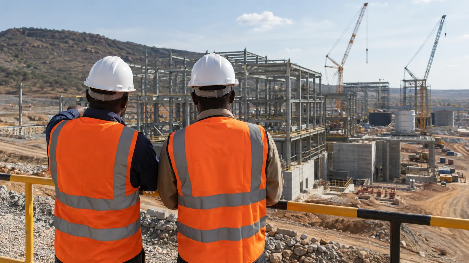 Responsables noirs vus de dos sur un chantier industriel