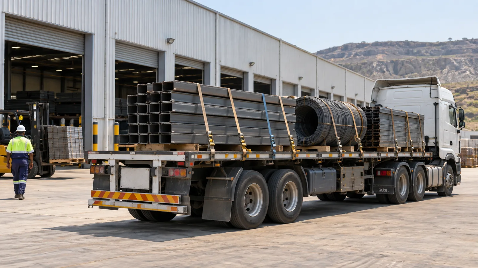 Camion à plateau transportant une cargaison industrielle