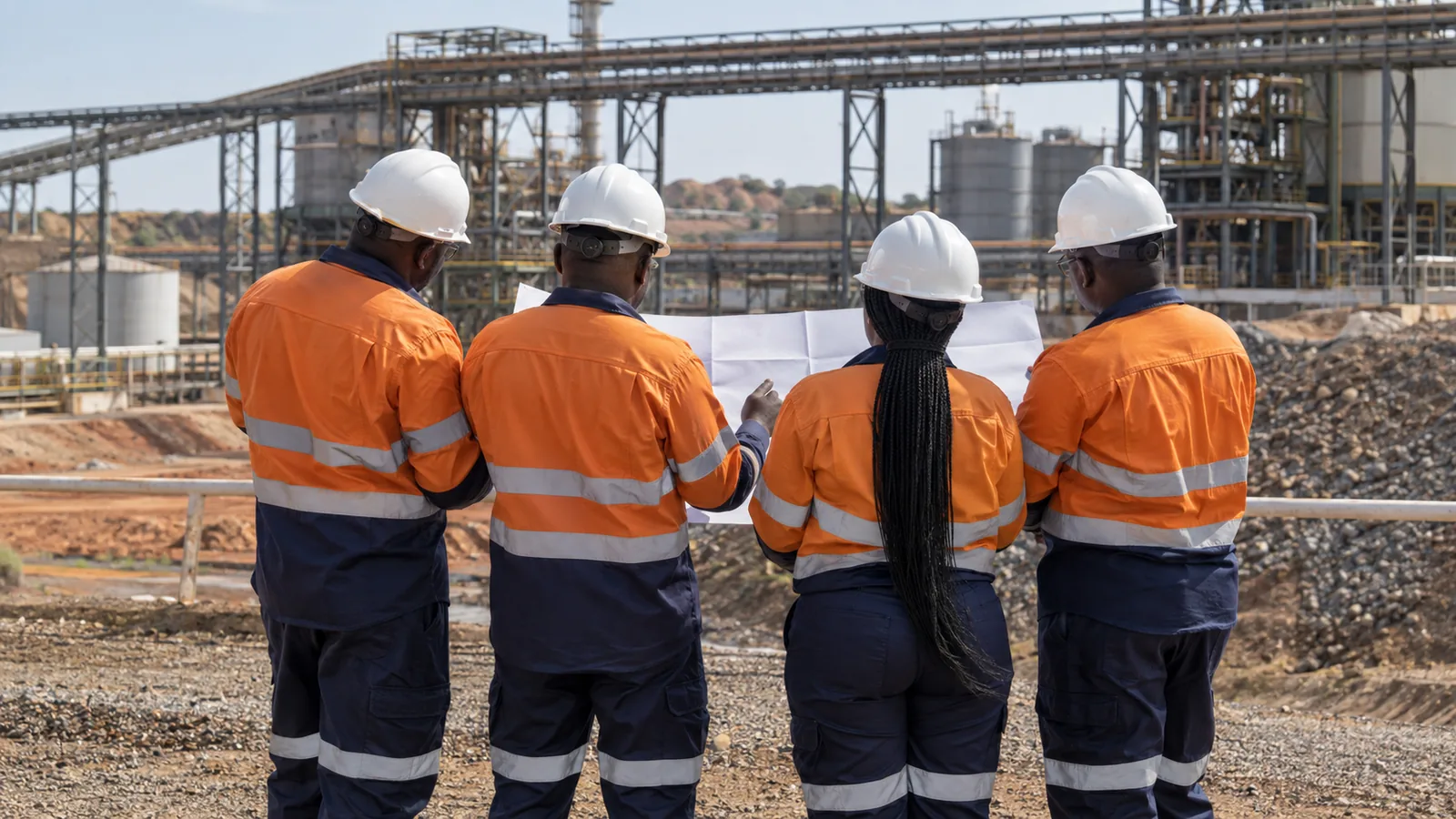 Équipe noire vue de dos en réunion sur un site industriel