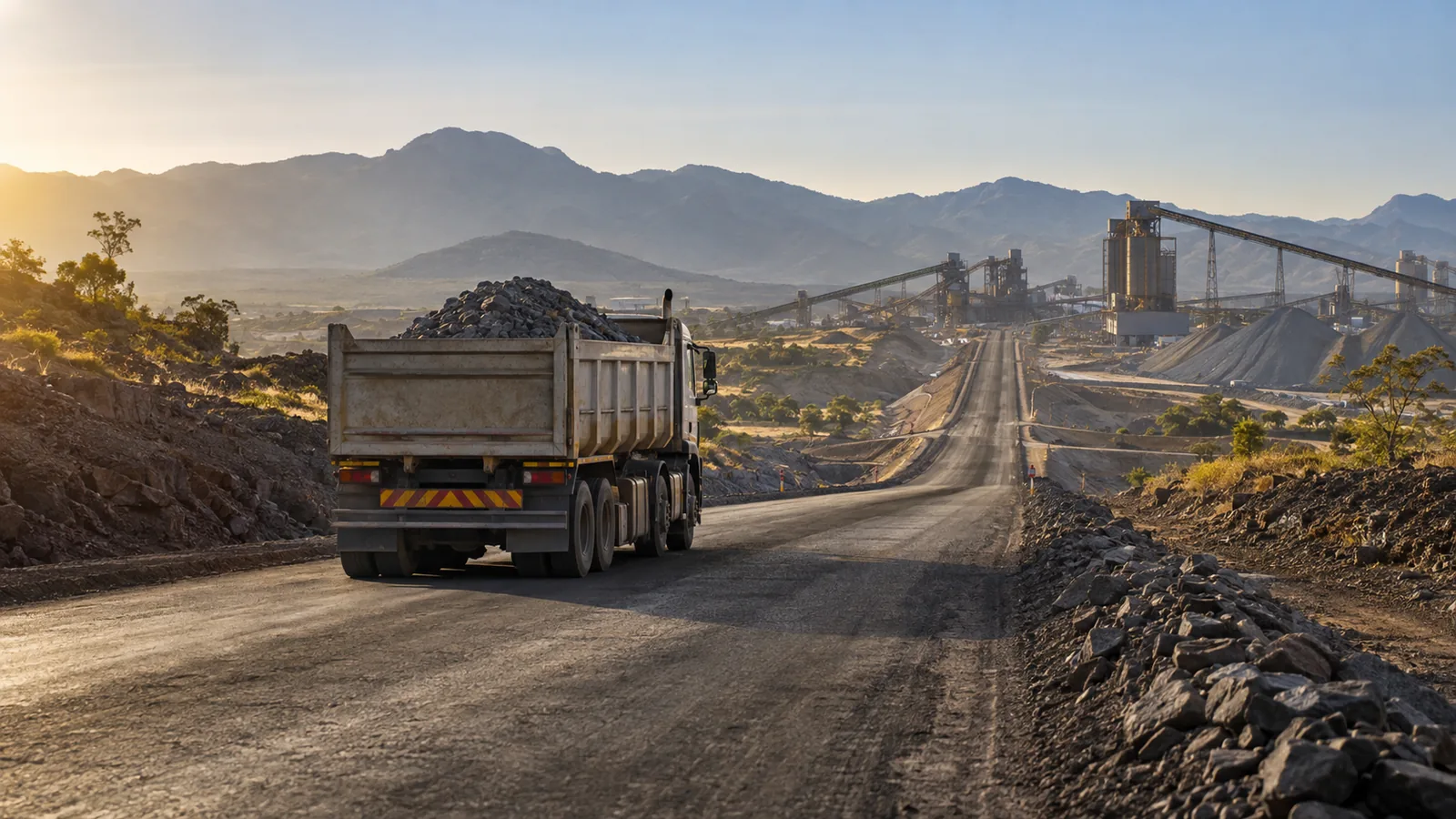Camion de marchandises sur une longue route d’accès industrielle